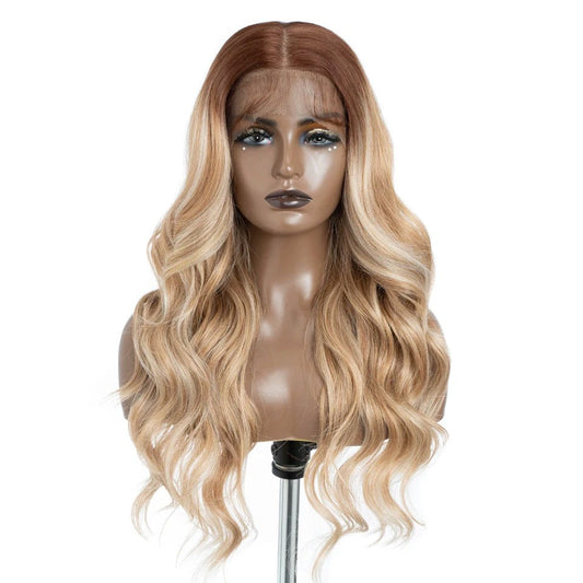 DIXIE | 26" Long 13x7 Synthetic Lace Front Wig | Highlight Honey Brown Body Wave Blonde Wig 960