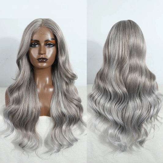BELLA | 28" Grey Body Wave Lace Front Wig | Ombre Blonde Synthetic Heat Resistant Wig 960