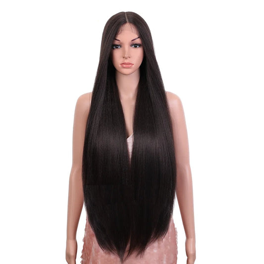 BENA | 36-Inch Yaki Straight Synthetic Lace Wig | Ombre Brown Handtied Lace Wig | Middle Part Long Blue Pink Cosplay Wig