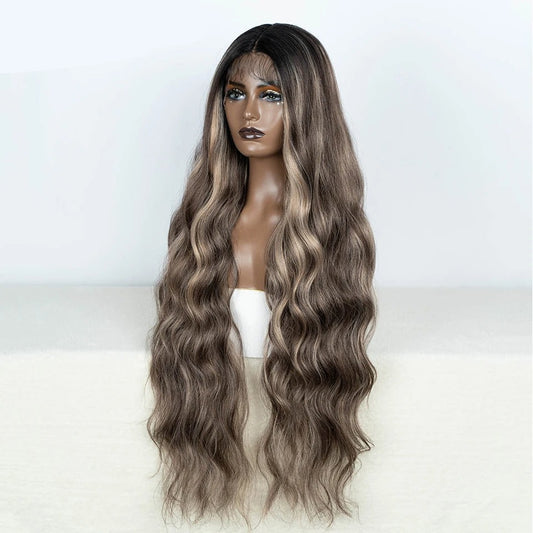 GABBI | 36 inches Body Wavy Synthetic Lace Front Wigs | Ombre Brown Highlight Lace Wig | Cosplay Wigs For Black Women