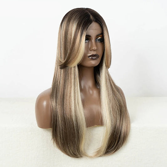 SUSIE | 24 inches Synthetic Lace Front Wig | Straight Highlighted Wig | Glueless Lace Wig