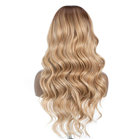 DIXIE | 26" Long 13x7 Synthetic Lace Front Wig | Highlight Honey Brown Body Wave Blonde Wig