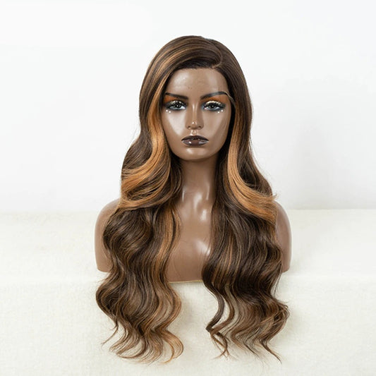 C Wilma | Long Wavy Synthetic Lace Front Wig | 26 Inch Highlighted Wig | C-Part Lace Wig For Women | Ombre Blonde Cosplay Wig