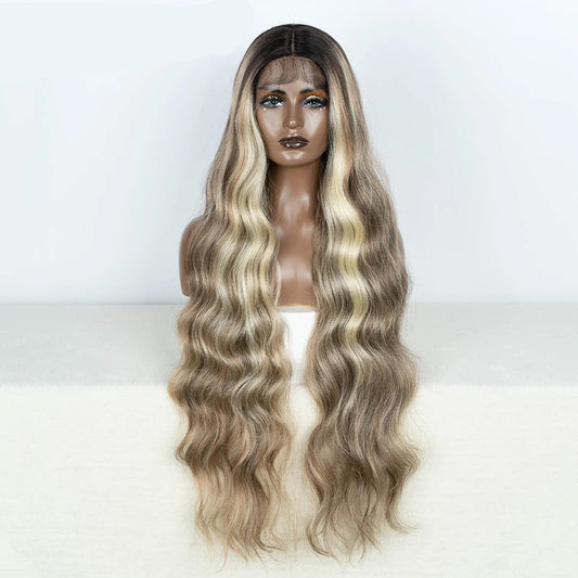 GABBI | 36 inches Body Wavy Synthetic Lace Front Wigs | Ombre Brown Highlight Lace Wig | Cosplay Wigs For Black Women