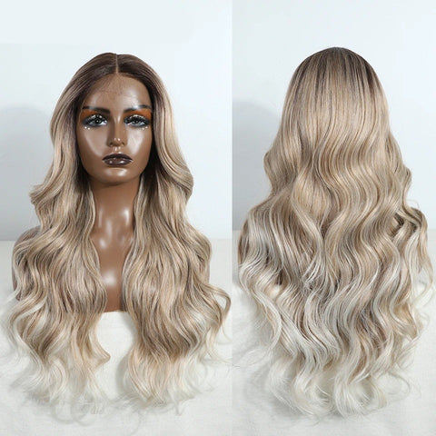 BELLA | 28" Grey Body Wave Lace Front Wig | Ombre Blonde Synthetic Heat Resistant Wig